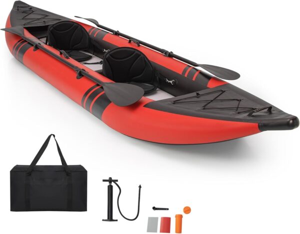 GYMAX Inflatable Kayak, 12.5Ft 507lbs Tandem Kayak with 2 Aluminum Paddles, 2 Padded Seats, Footrests, 2 Fins, Hand Pump, Carry Bag & Repair Kit, 2 Person Fishing Touring Kayak for Adults Youth