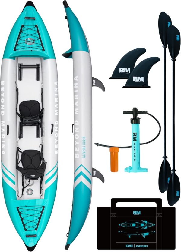 Inflatable Kayak 2 Person Adult - BEYOND MARINA Tandem Kayak with Drop Stitch Floor, Touring Kayak with Aluminum Paddles, Seats, Footrests, Pump, Fins, Adventurer 12.5ft