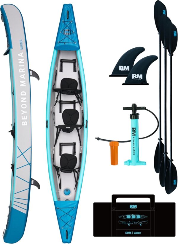 BEYOND MARINA Inflatable Kayak 1 & 2 & 3 Person Adult- Full Drop Stitch Kayak with Aluminum Paddles, Seats, Footrests, Pump, Fins