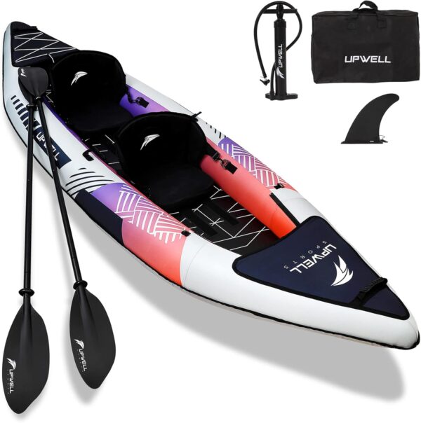 UPWELL 13'6”/11' Inflatable Recreational Kayak - 2 Person with Drop Stitch Floor and Accessories Including Kayak Seats with High Back Support, Paddle, Fin, Repair Kits, Carry Bag and Hand Pump