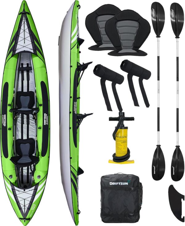 Driftsun Almanor Inflatable Kayak - Inflatable Touring Kayak - Inflatable 1 and 2 Person Kayaks for Adults with EVA Padded Seats, High Back Support, Paddles, Pump (1 Person, 2 Person, 2 Plus 1 Child)