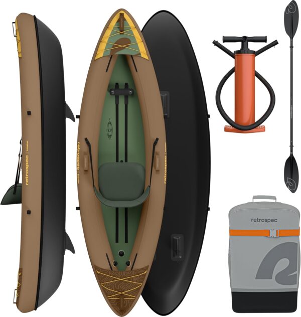 Retrospec Coaster Single & Tandem Inflatable Kayak - 1 & 2 Person Inflatable Kayak for Adults, 220 & 500lb Weight Capacity, Puncture Resistant, Lightweight Kayak with Adjustable Seats Paddle & Pump